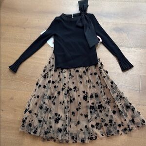 NWT Chicwish Holiday bow top Black Long Sleeve Top with Floral Skirt tulle L